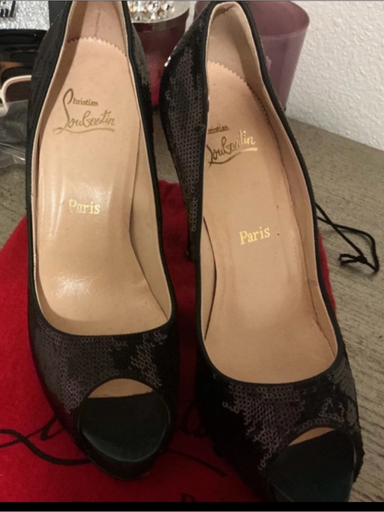 Christian Louboutin Shoes - Christian Louboutin Black Sequin Peep-Toe Pumps